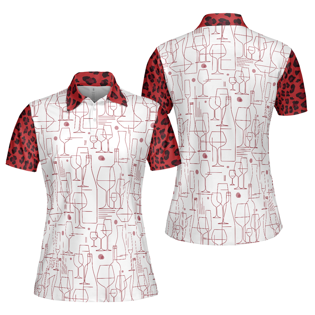Red Wine And Leopard Pattern Drink Short Sleeve Women Polo Shirt, Wine Drinking Icon Polo Shirt For Ladies