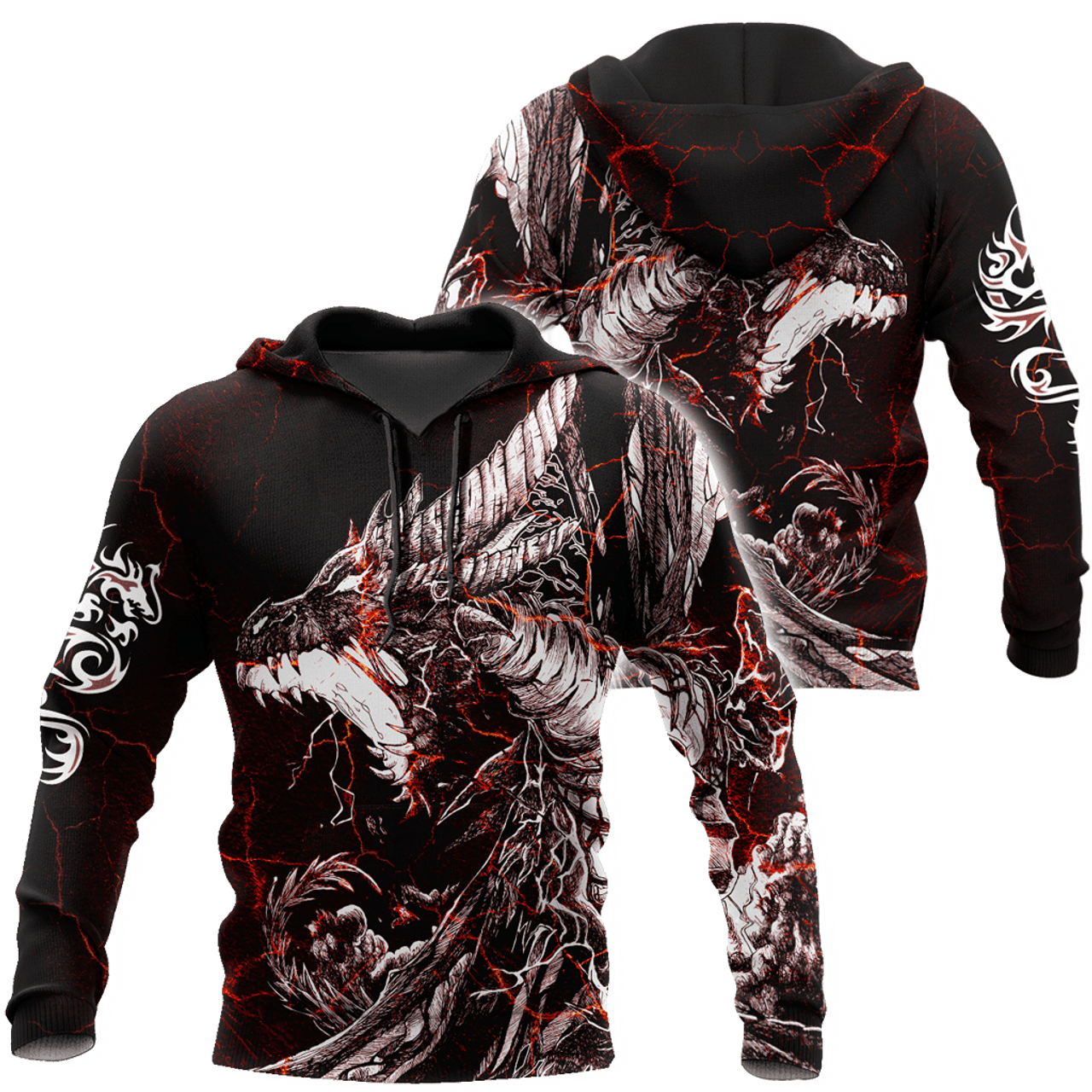 FUNSTUFFPRINT Red Black Tattoo Dragon 3D Hoodie and Zip Hoodie