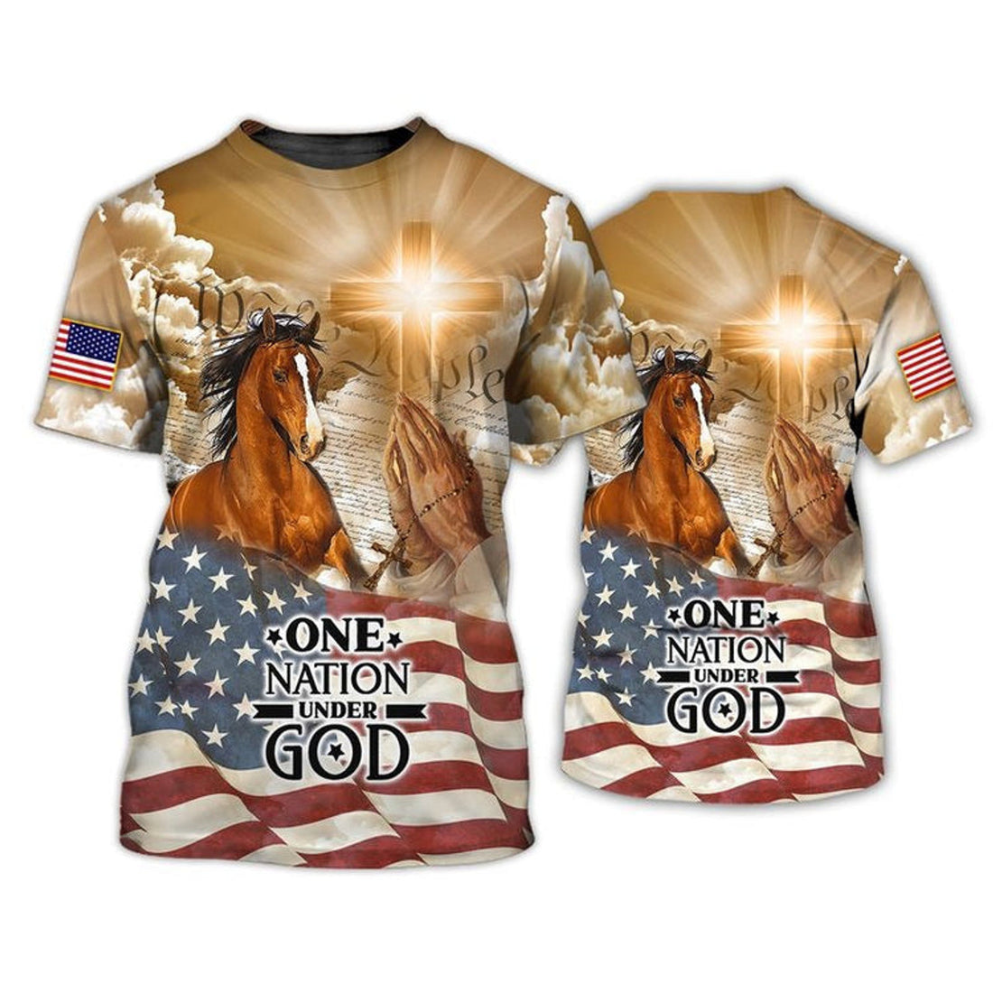 FUNSTUFFPRINT American Horse All Over Print 3D T-Shirt, One Nation Under God Patriotic 4Th Of July 3D T-shirt