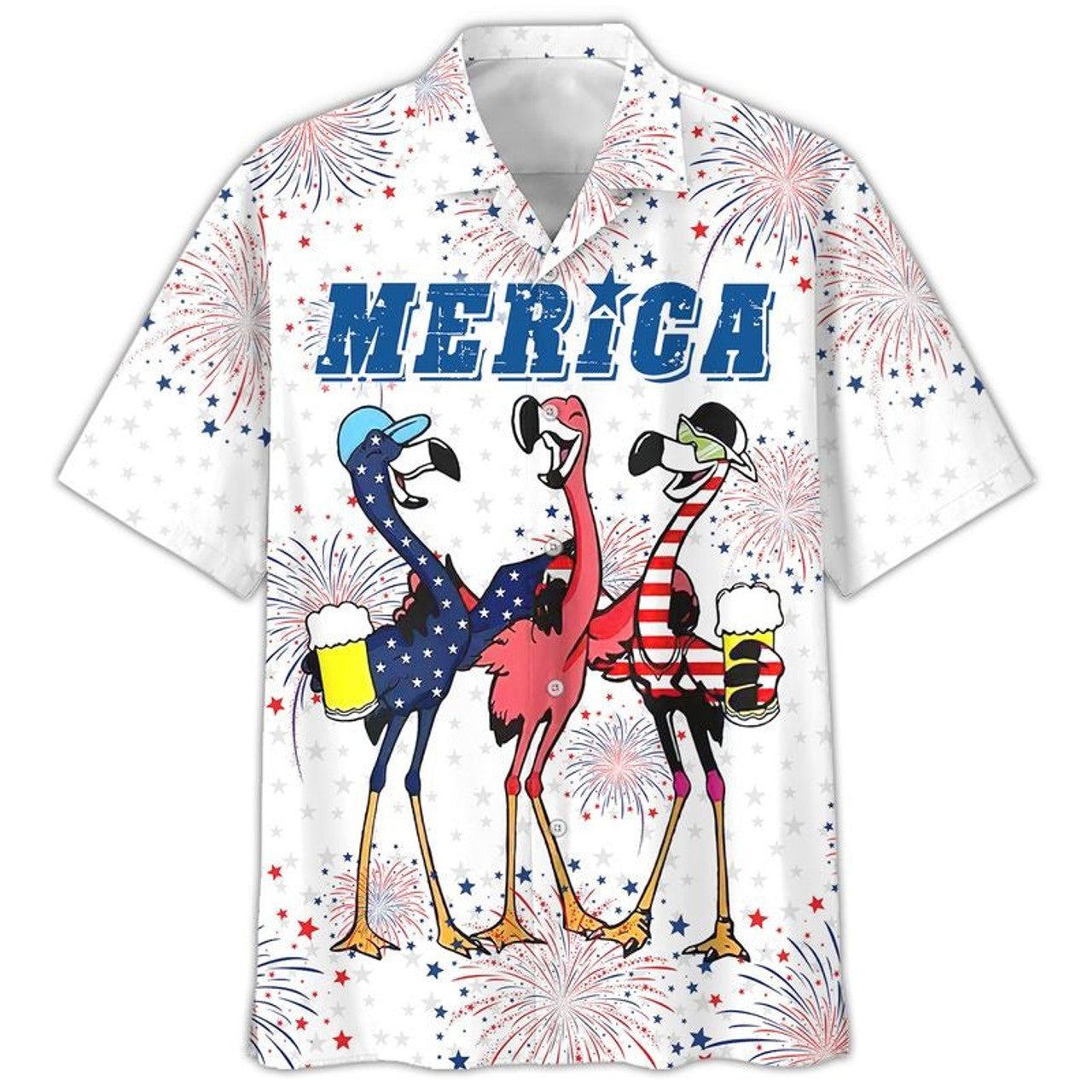 Flamingo Hawaiian Shirt, Full Printed Flamingo Drinking Beer In Usa Flag Happy Independence Day, 4Th Of Jul Gift