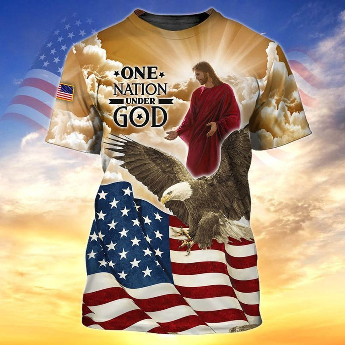 FUNSTUFFPRINT 4Th Of July One Nation Under God 3D T-Shirt, Independence Days, Jesu And Eagle 3D T-shirt