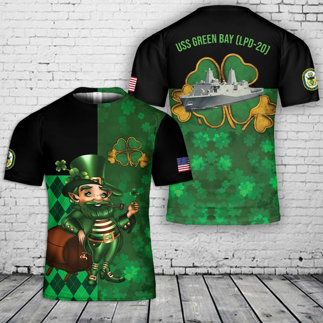 FUNSTUFFPRINT US Navy USS Green Bay Happy St Patrick's Day T-Shirt 3D, T-Shirt Gift for Men Dad 3D T-shirt