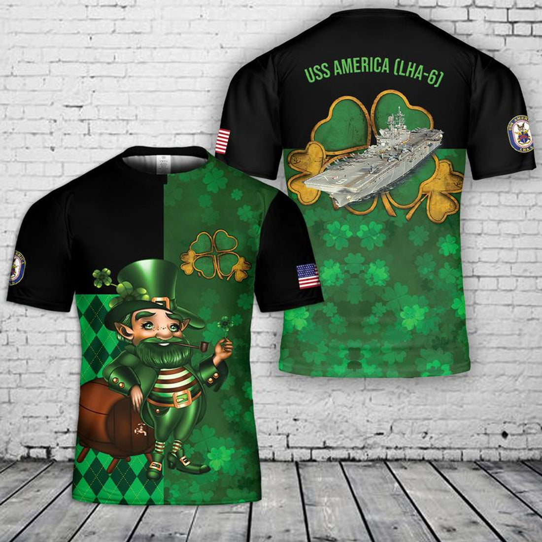 FUNSTUFFPRINT US Navy USS America Happy St Patrick's Day T-Shirt 3D, T-Shirt Gift for Men Dad 3D T-shirt
