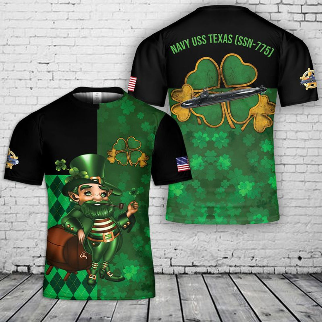 FUNSTUFFPRINT US Navy USS Texas Happy St Patrick's Day T-Shirt 3D, T-Shirt Gift for Men Dad 3D T-shirt
