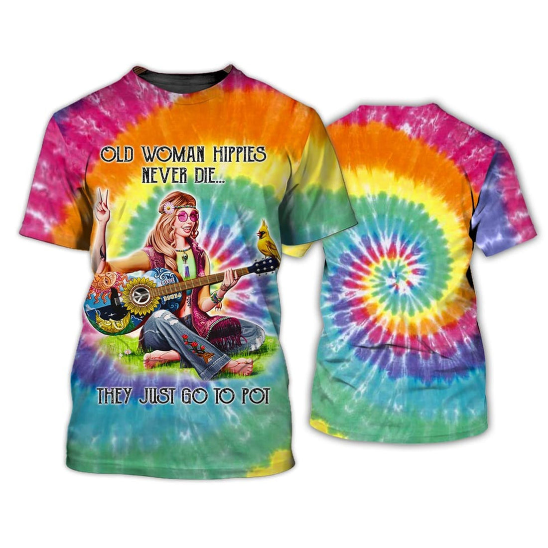 FUNSTUFFPRINT Hippie Sunflower Guitar 3D T-Shirt, Hippie Shirts, Gift For Hippie, Hippie Gift, Hippie Old Woman Never Die 3D T-shirt