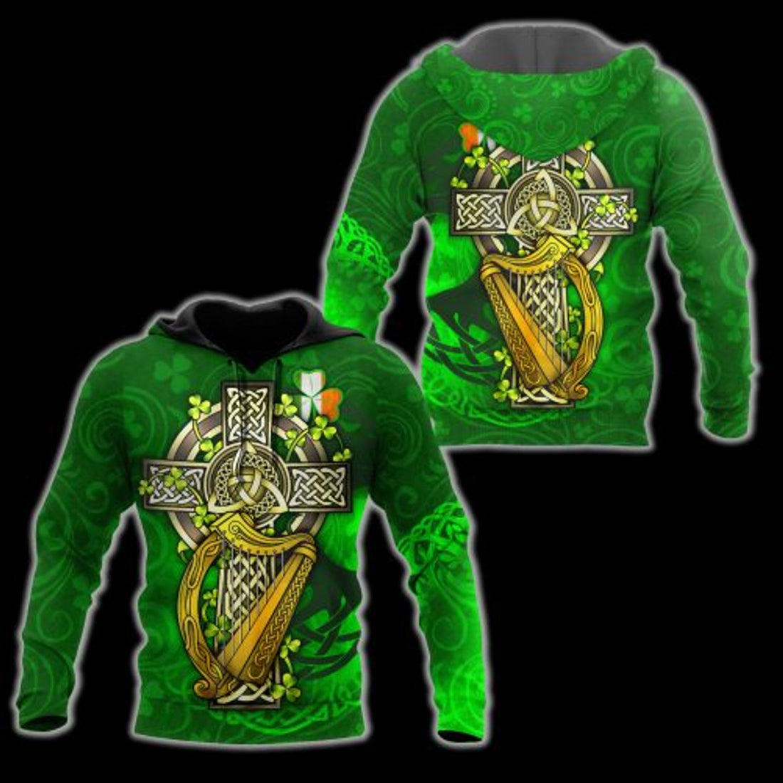 FUNSTUFFPRINT Irish 3D All Over Hoodie Irish Cross Harp 3D Hoodie and Zip Hoodie