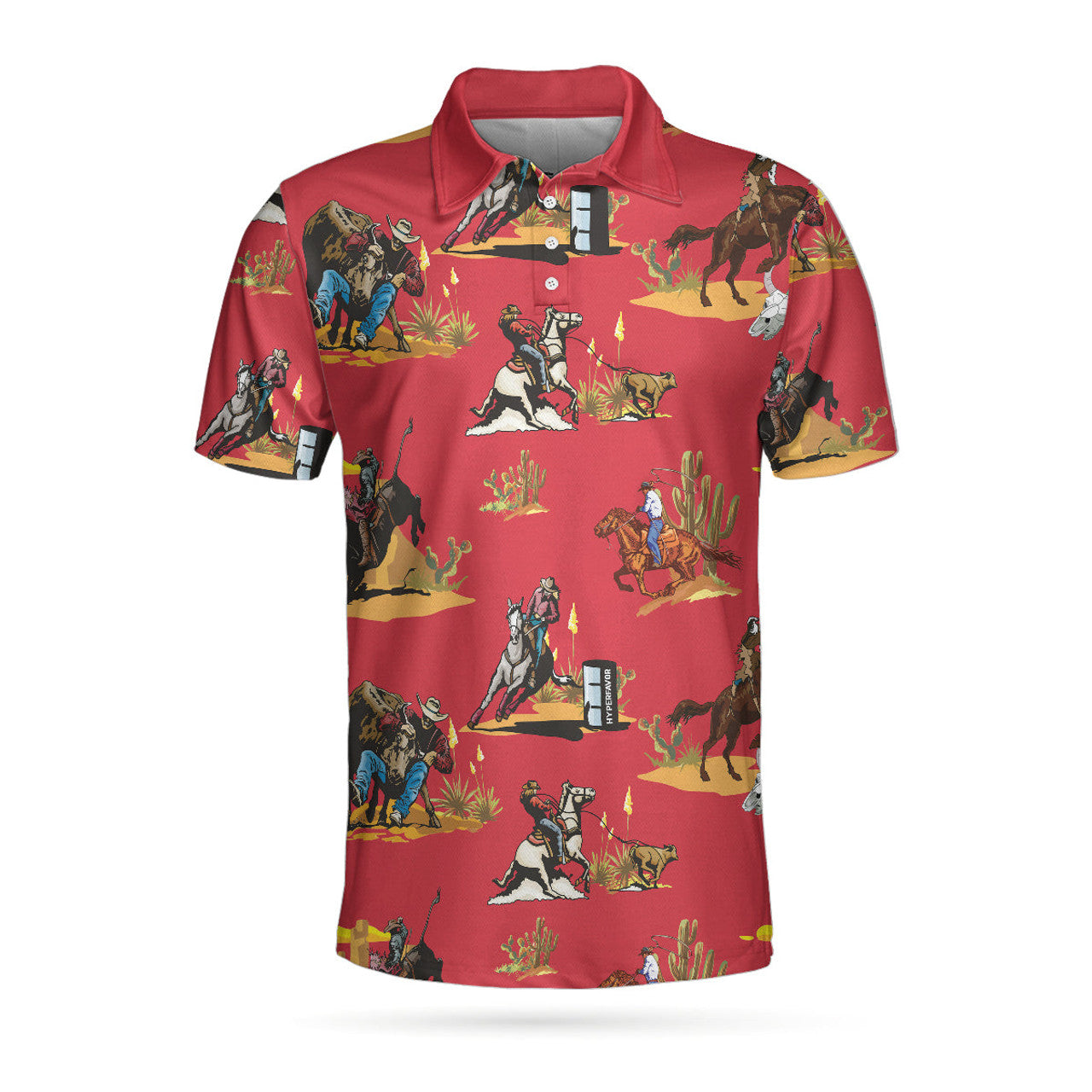 Rodeo Seamless Pattern Short Sleeve Polo Shirt, Red Texas Cowboy Polo Shirt, Rodeo Shirt For Men