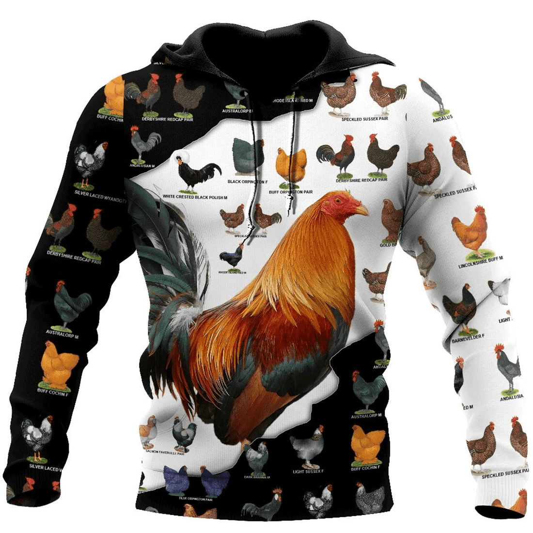 FUNSTUFFPRINT Rooster Breed Black And White Funny 3D Hoodie and Zip Hoodie