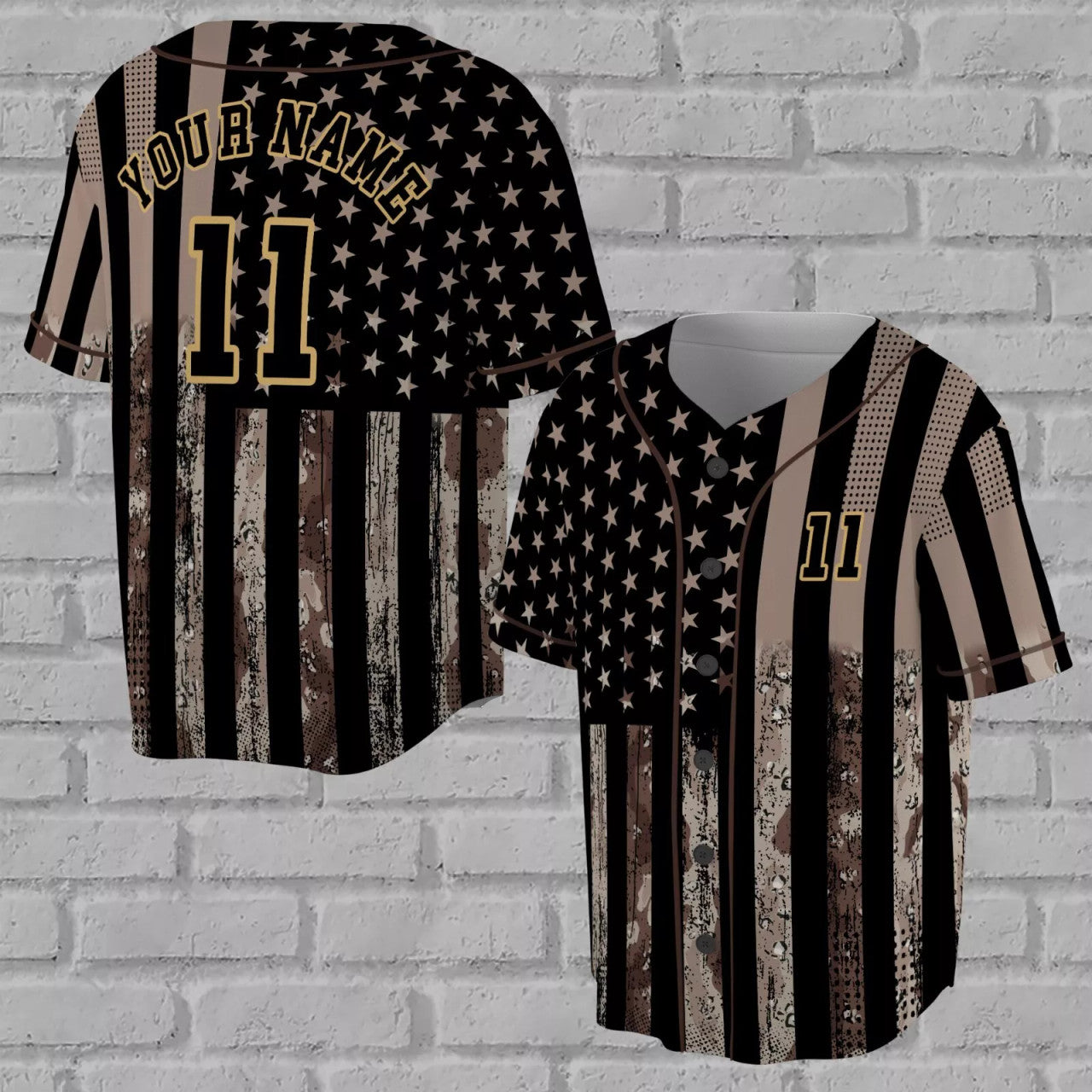 Custom Camo Black-Old Gold Salute To Service American Flag 3D Baseball Jersey