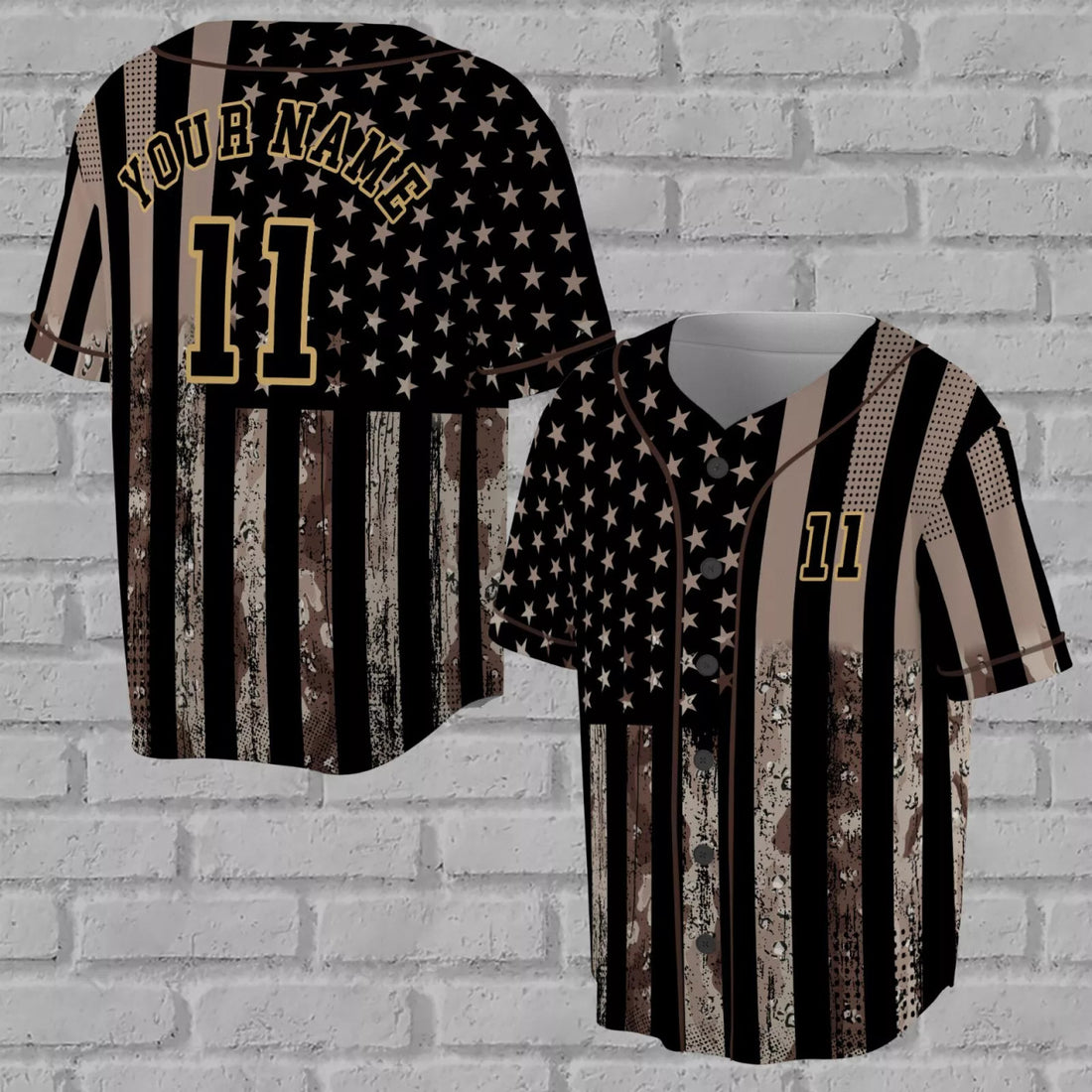 Custom Camo Black-Old Gold Salute To Service American Flag 3D Baseball Jersey