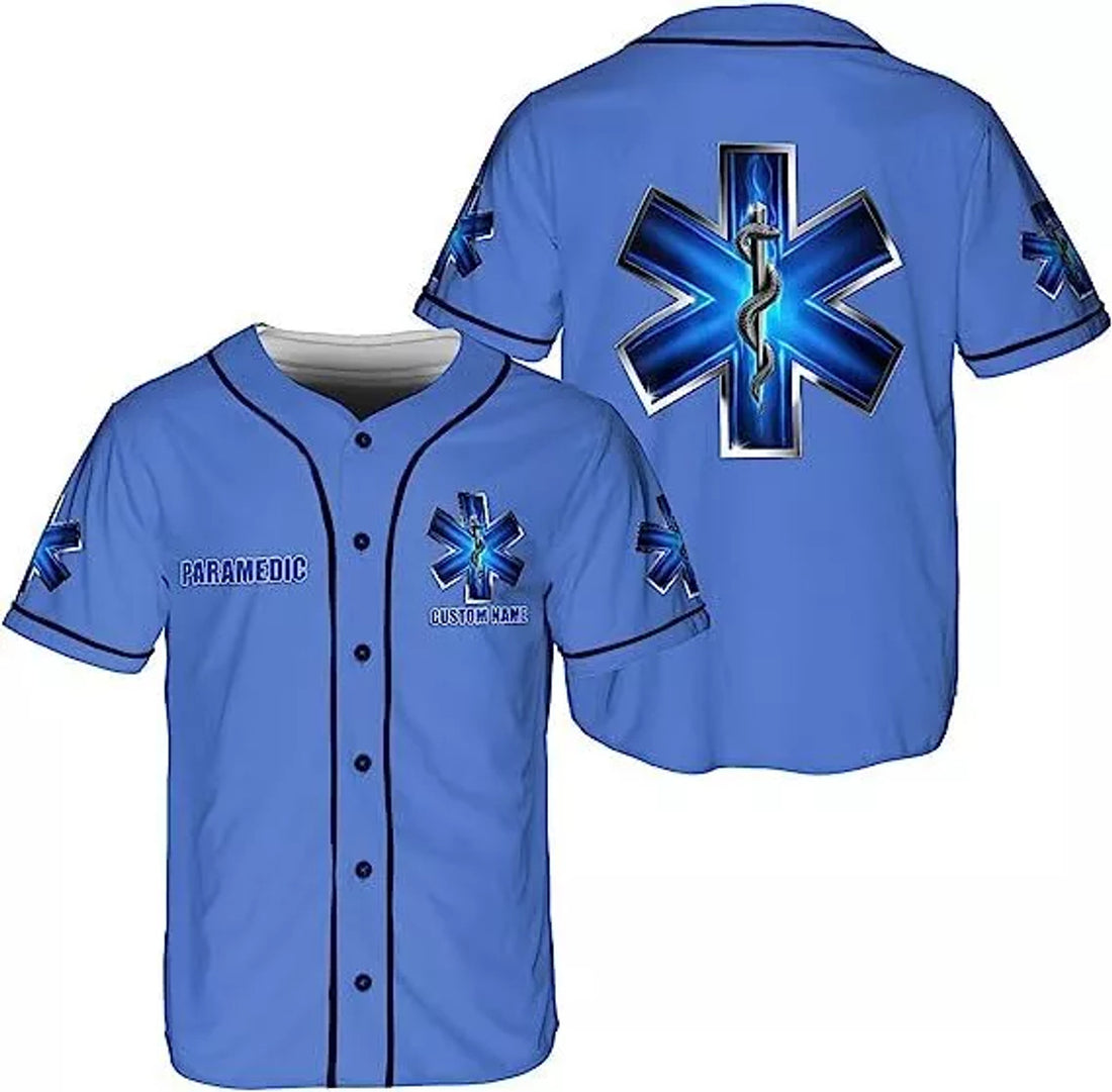 Custom Personalized Thin White Line EMS, EMT Paramedic American Flag Back Baseball Jersey