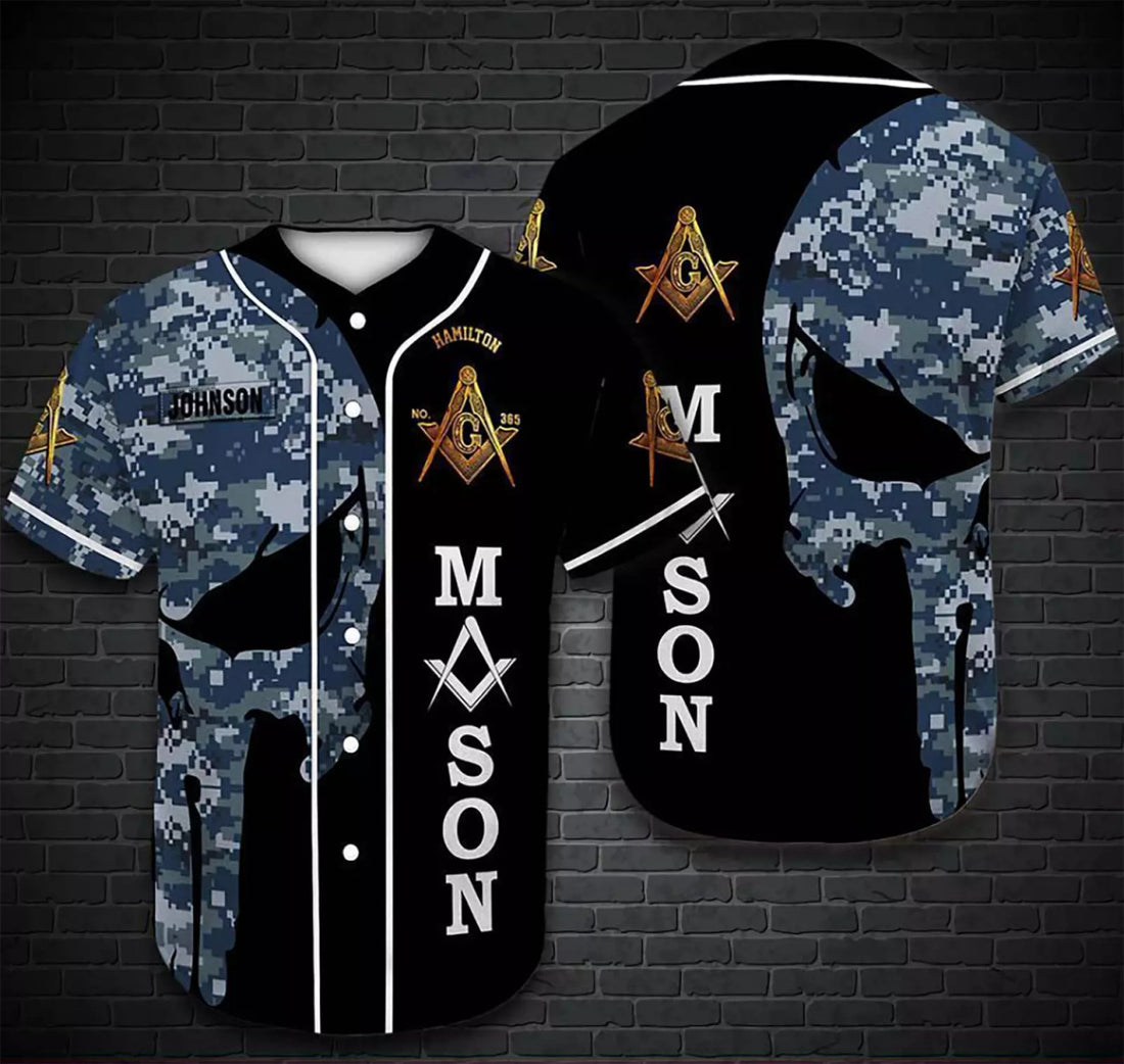 Custome Navy Skull Masonic Freemason 3D Baseball Jersey Shirt Size S-5XL