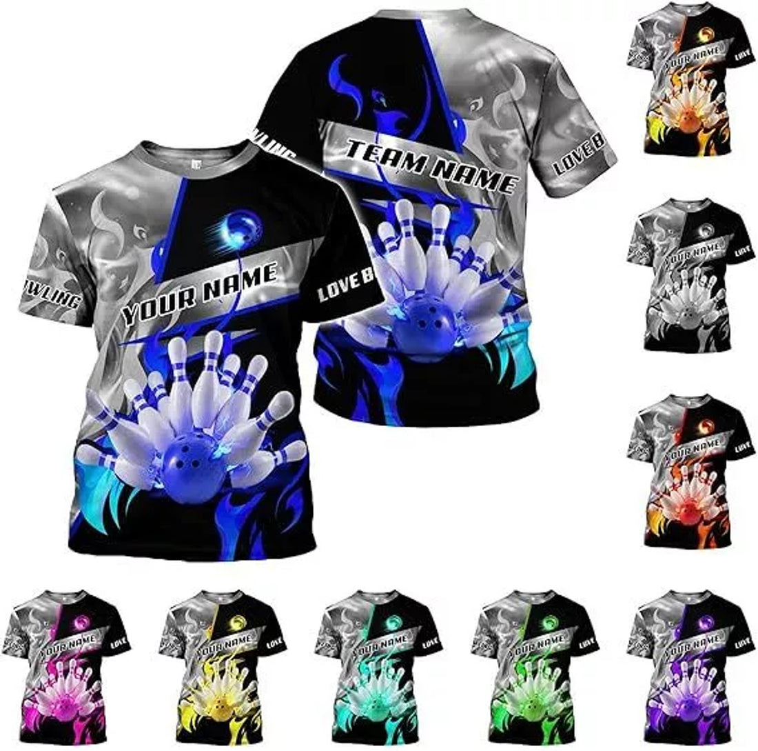 Customize Name Team Name Bowling Lover Bowling Team Uniform Unisex 3D T-shirt Size S-5XL