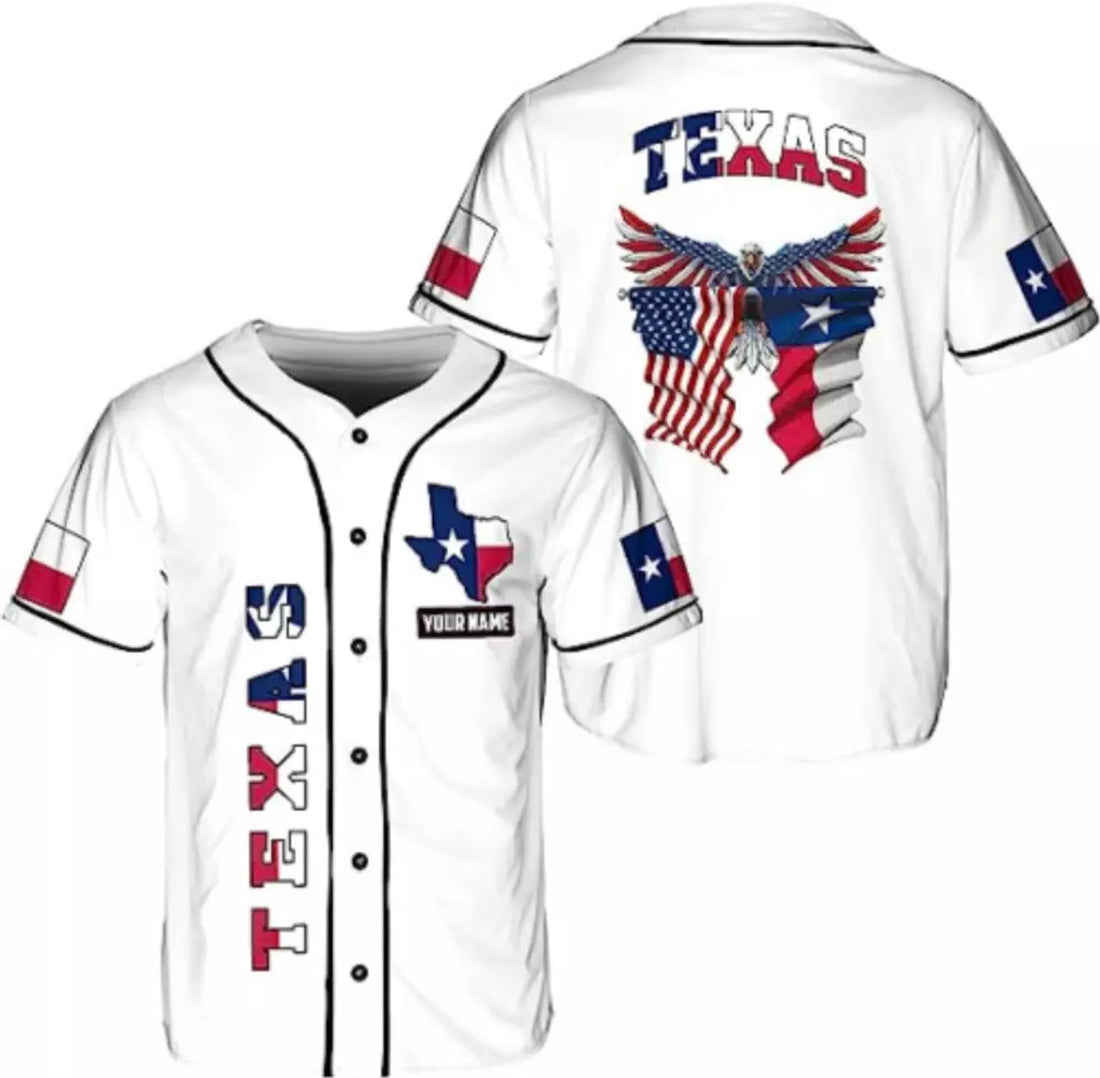 Custom American Flag Texas Flag Eagle3D All Over Print Baseball Jersey Shirt Size S-5XL