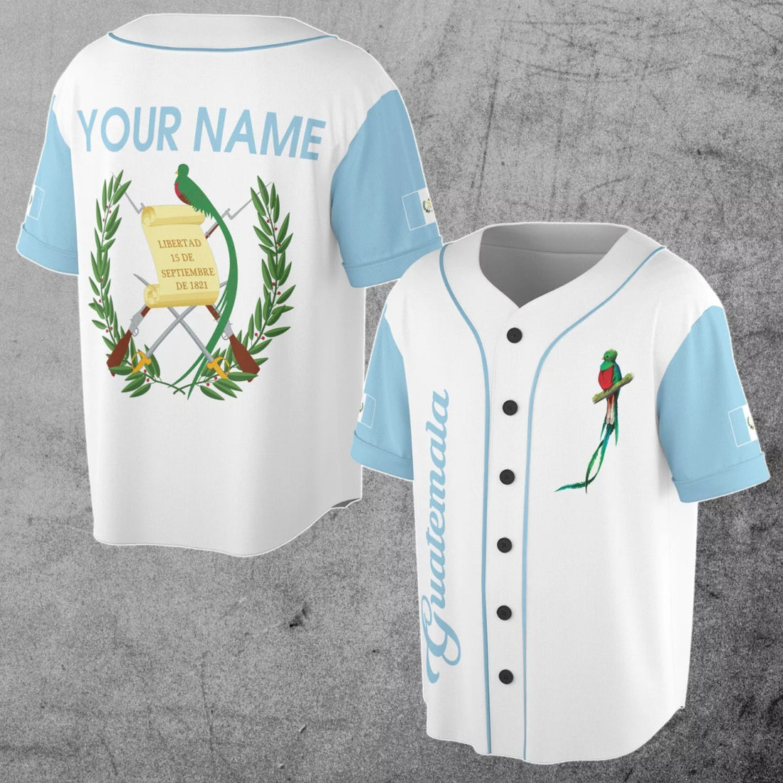 Customize Name Guatemala Flag Coat of Arms White 3D Baseball Jersey Size S-5XL