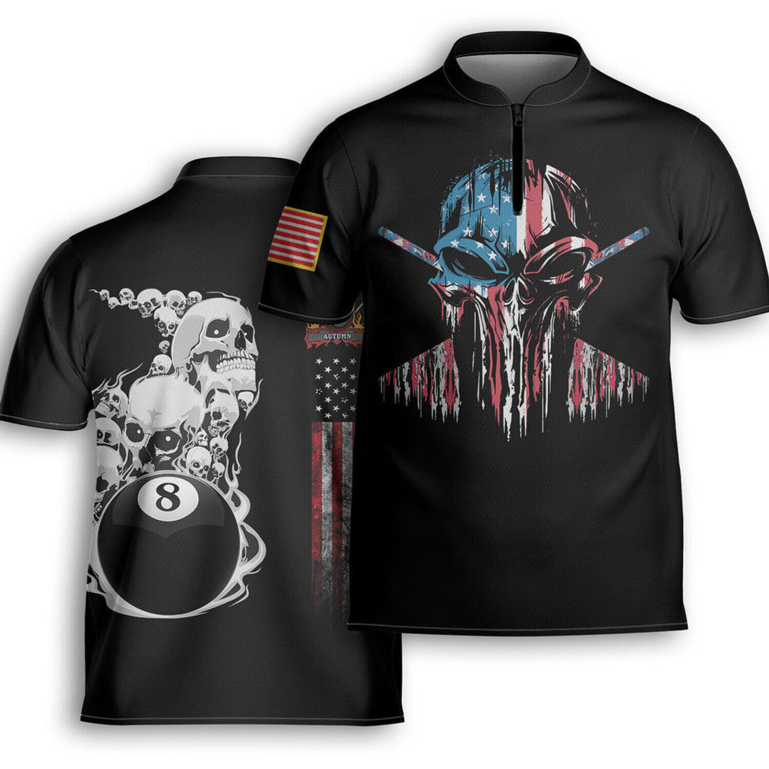 Custom Personalized America Flag Skull Billiard Player AOP Bowling Jersey Shirt Black, Idea Gift for Billiard Player
