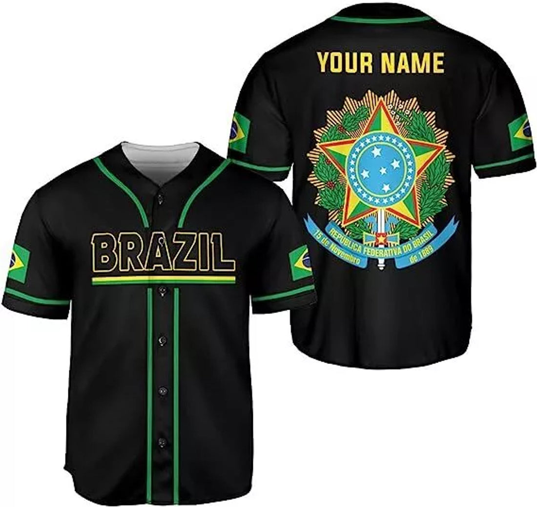 Custom Name Brazil Baseball Jersey Shirt, Brasil Brazilian Flag Bandera Bandeira