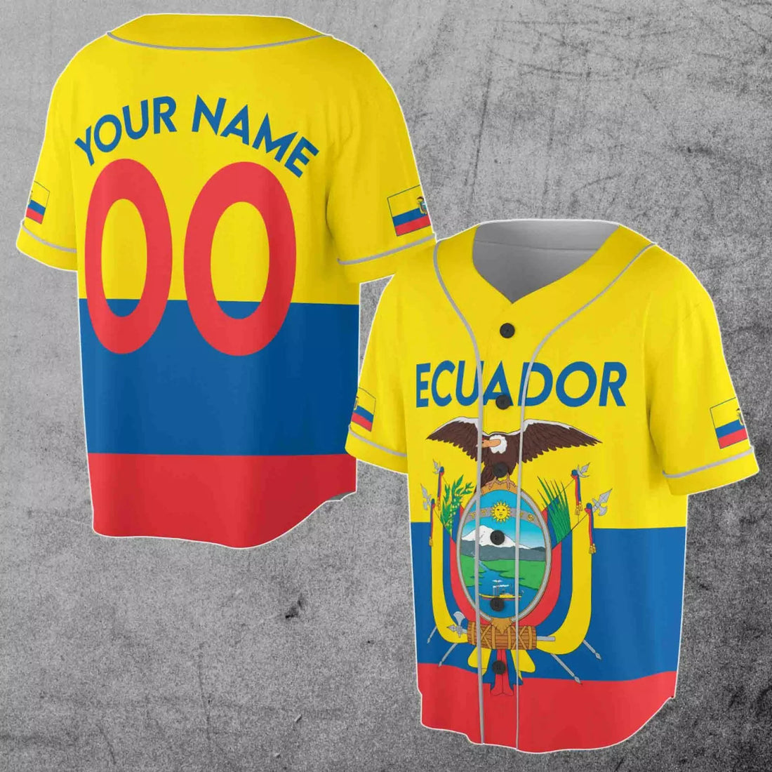 Custom Number Ecuador Flag Coat of Arms Patriotic 3D Baseball Jersey Size S-5XL