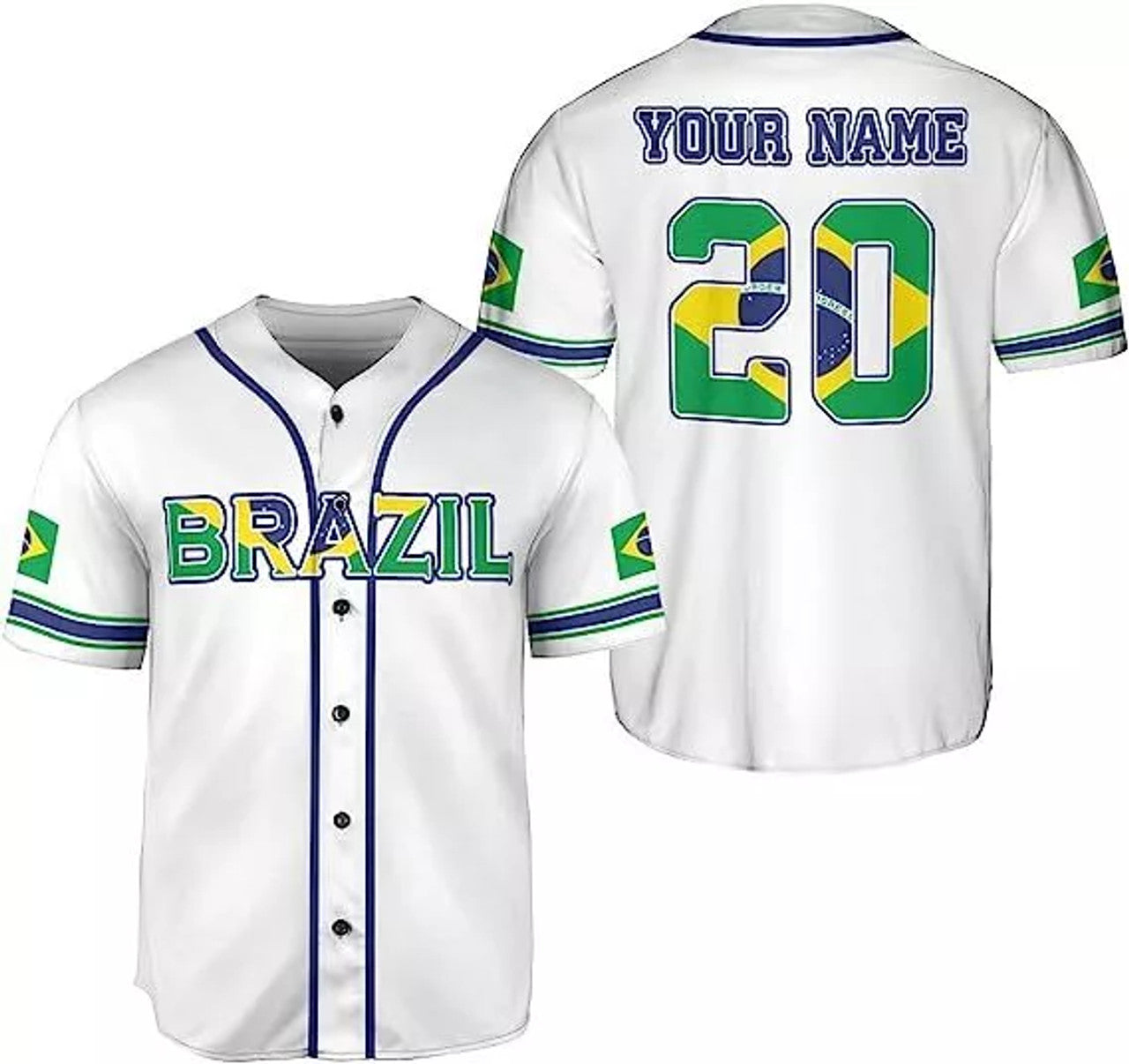 Custom Personalized Brazil Baseball Jersey Shirt, Brasil Brazilian Flag Bandera Bandeira