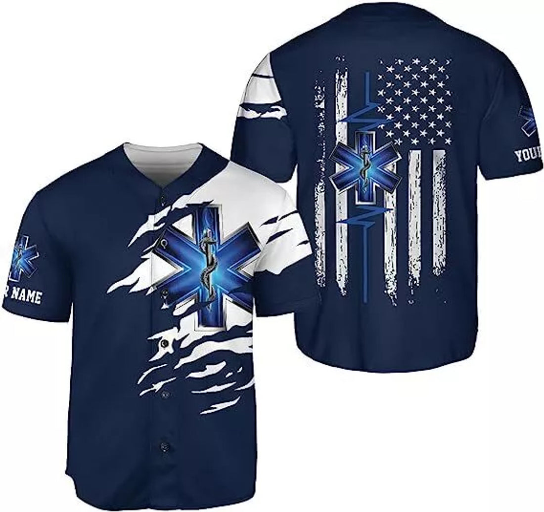 Custom Personalized Thin White Line EMS EMT Paramedic American Flag Back Baseball Jersey