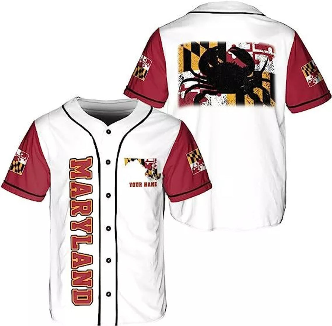 Custom Personalized Maryland State Pride Flag Baseball Jersey Shirt Maryland Crab