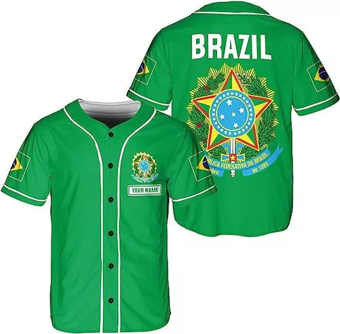 Custom Brazil Baseball Jersey Shirt Brasil Brazilian Flag Bandera Bandeira