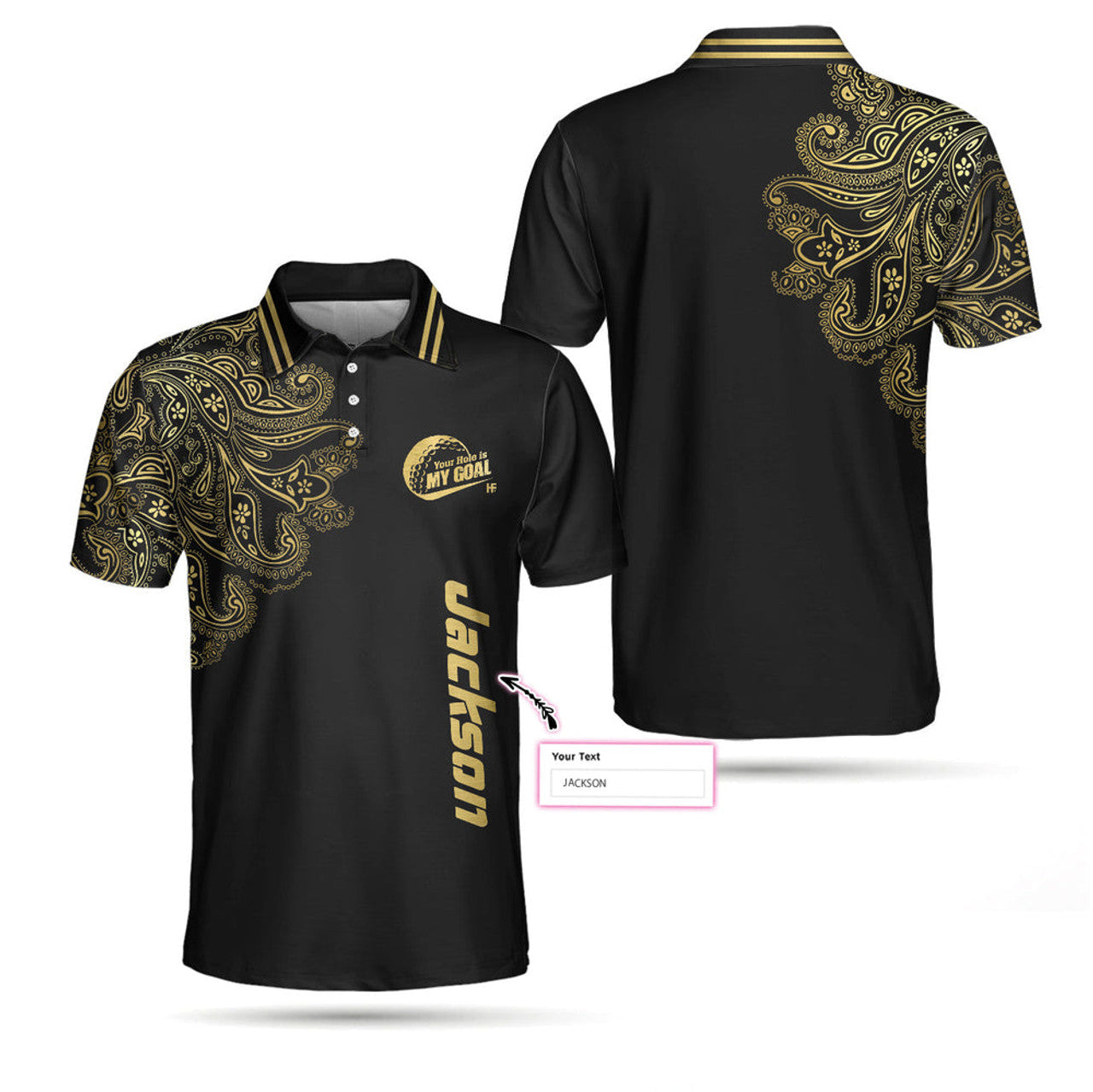 Personalized Golden Your Hole Is My Goal Custom Polo Shirt, Luxury Black And Gold Golf Shirt For Men