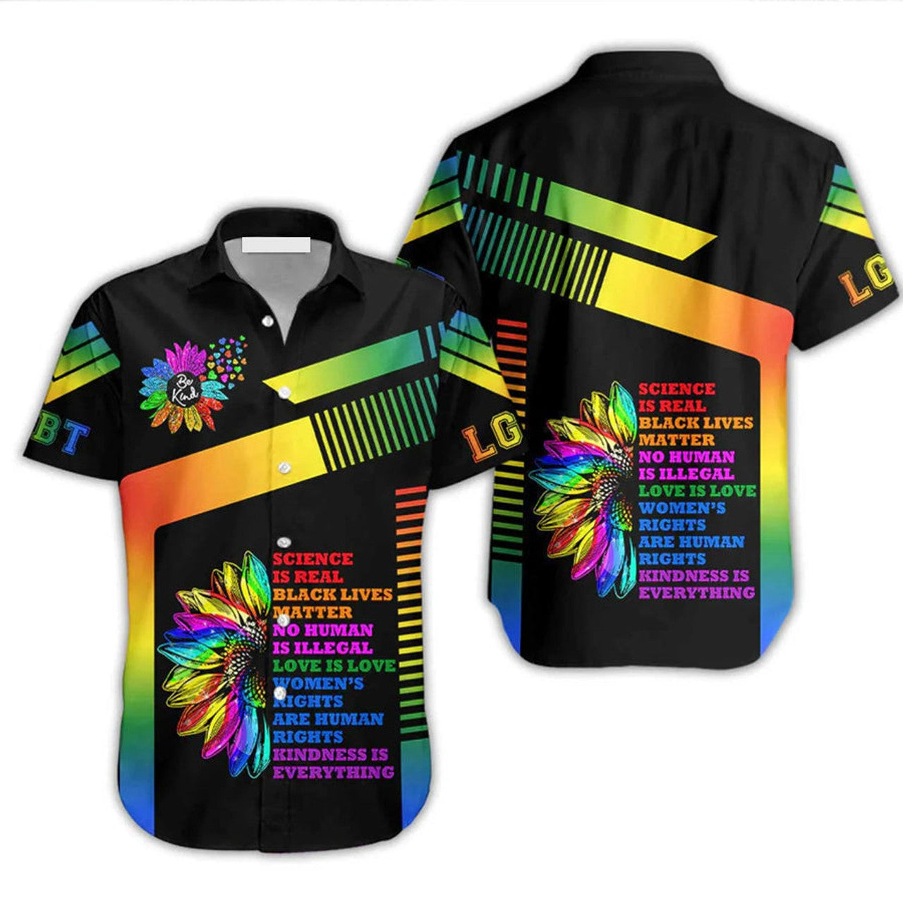 LGBT Aloha Hawaiian Shirts For Summer, Sunflower Trans Pride Be Kind Rainbow Colorful LGBT Hawaiian Shirts
