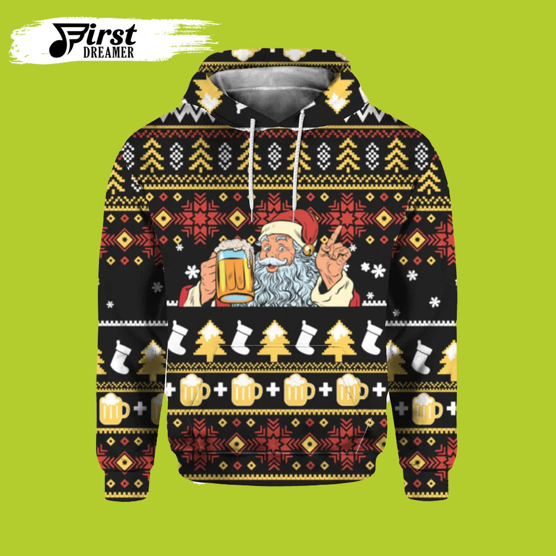 FUNSTUFFPRINT Santa Beer Christmas 3D Hoodie and Zip Hoodie