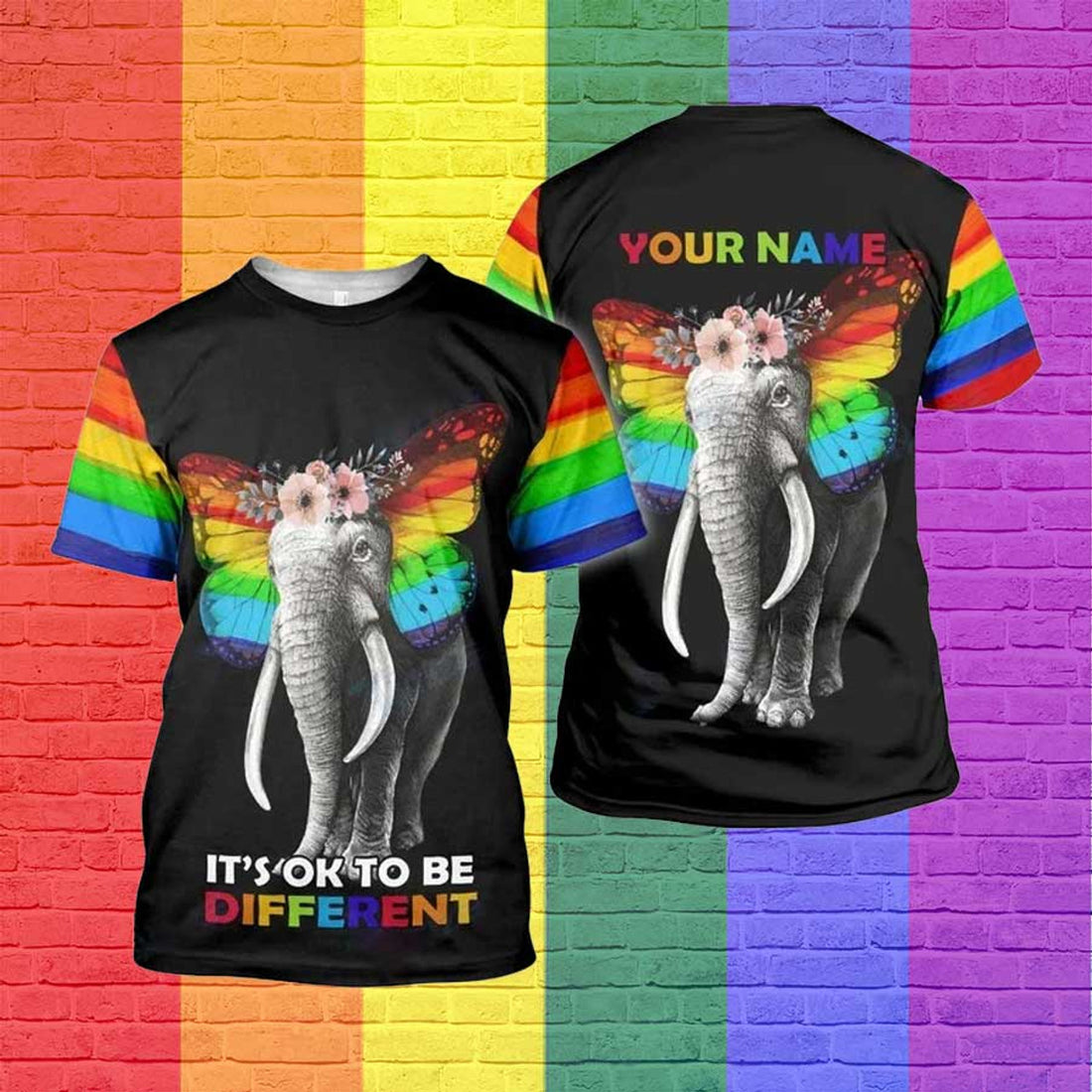 Custom Personalized 3D Pride Shirt, Lgbt It's Ok To Be Different Rainbow Color Butterfly Ear Elephant 3D Shirt