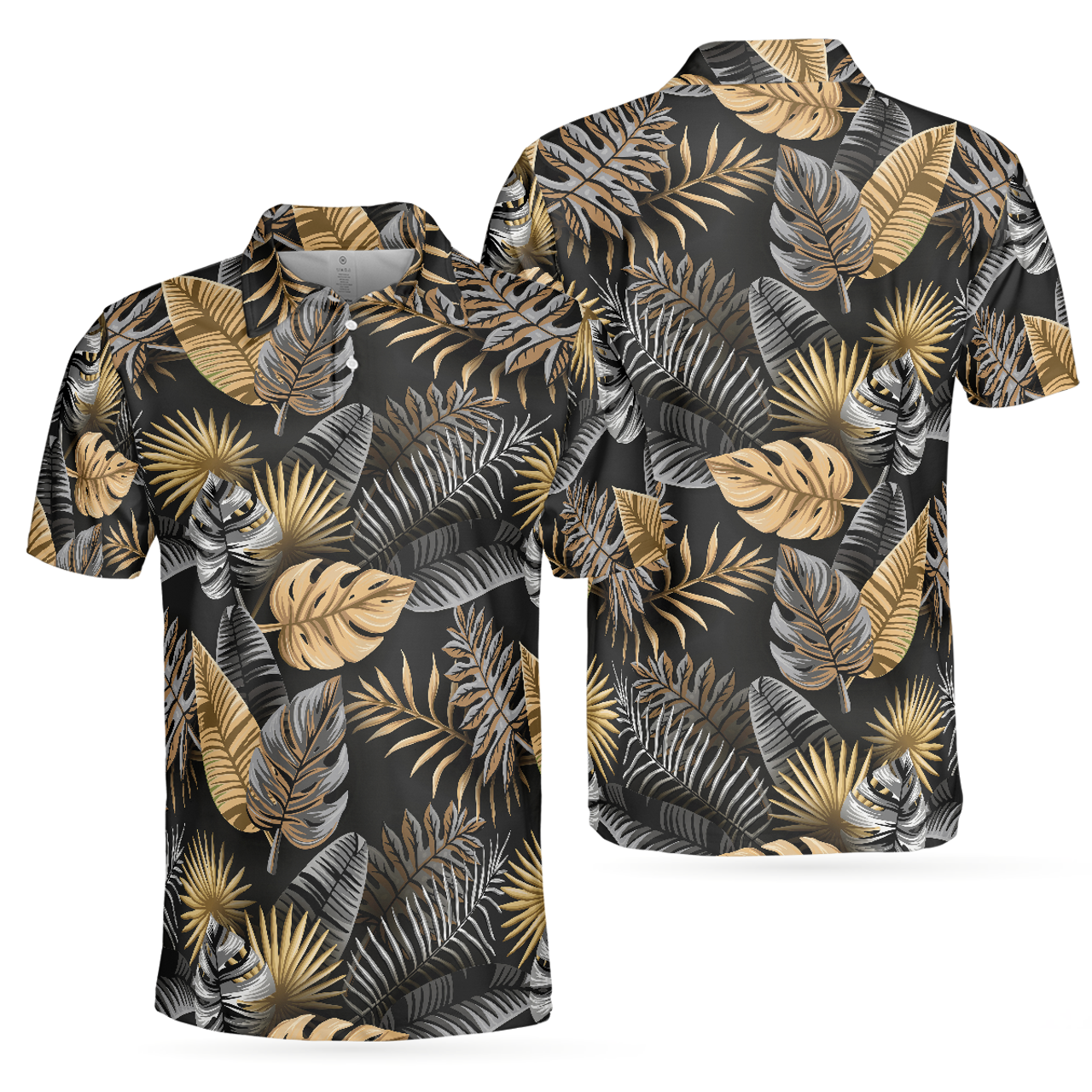 Seamless Luxury Tropical Pattern Golf Polo Shirt, Black And Gold Best Floral Golf Shirt For Men
