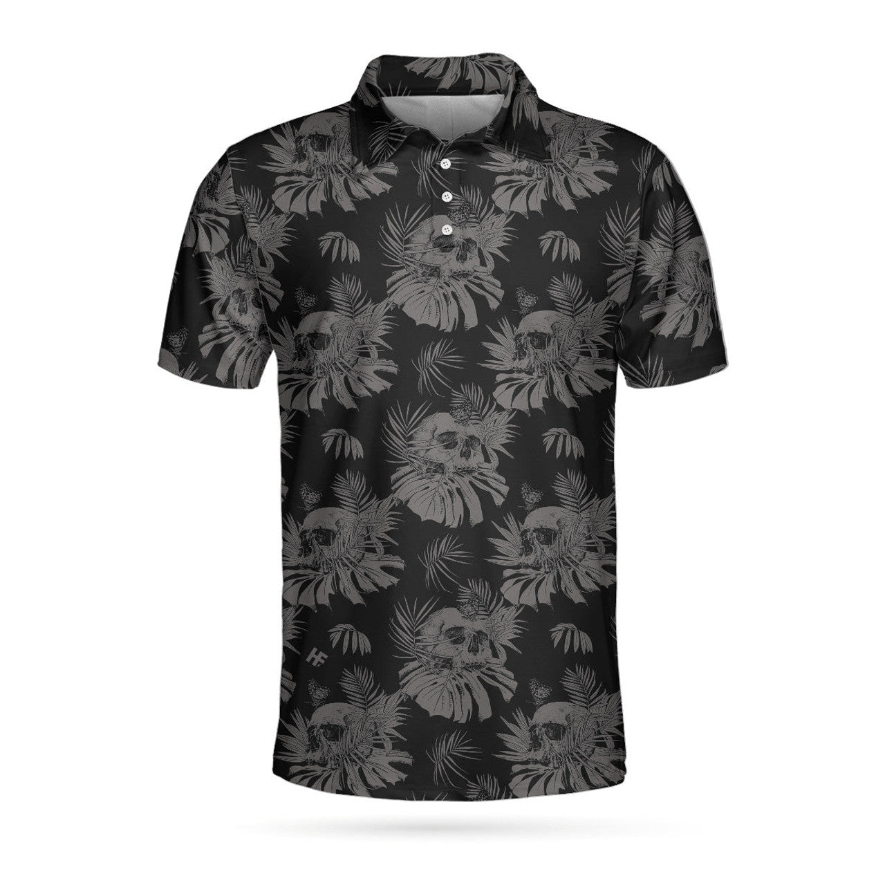 Seamless Skull Goth Polo Shirt, Black Floral Skull Pattern Polo Shirt, Best Gothic Shirt For Men