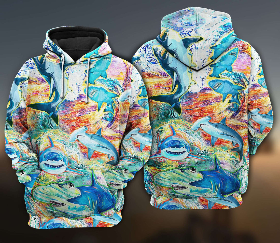 FUNSTUFFPRINT Sharks Painting Color Limited Edition 3D Hoodie and Zip Hoodie