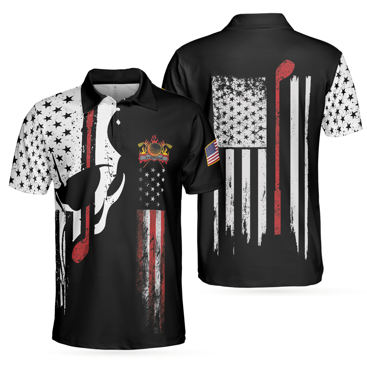 Skull American Flag With Golf Club Polo Shirt, Black And White American Flag Polo Shirt, Patriotic Golf Shirt For Men