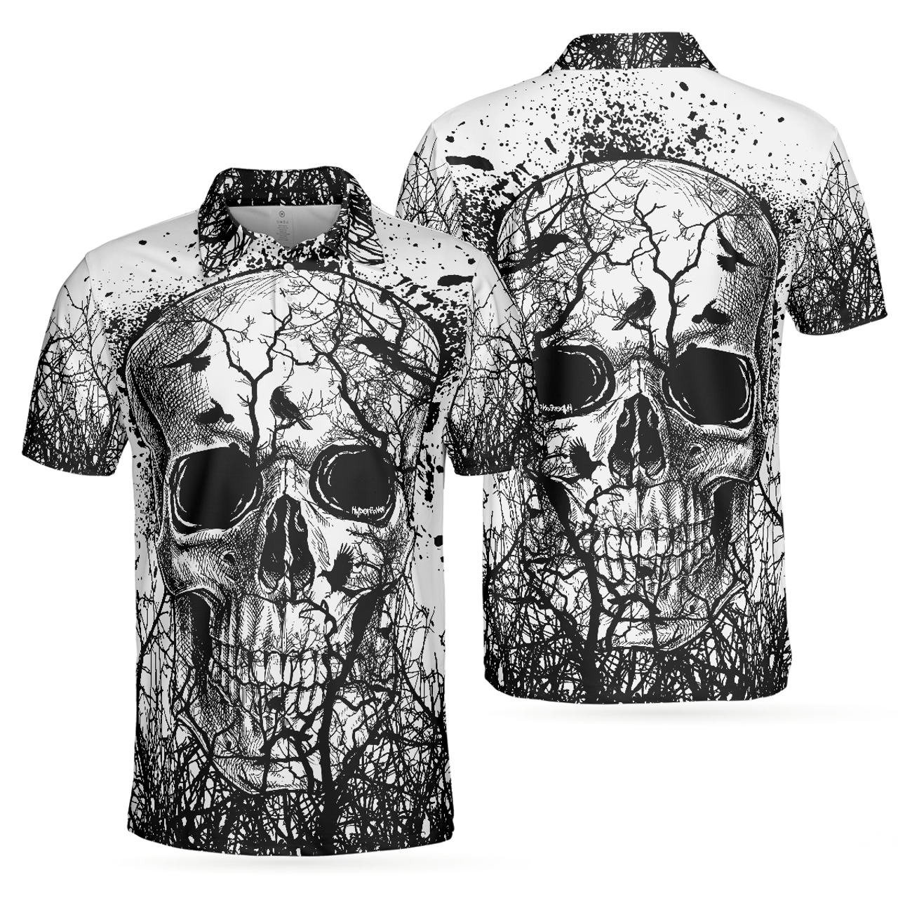 Skull Crow Black And White Short Sleeve Polo Shirt, Dark Forrest Skull Crow Shirt For Men