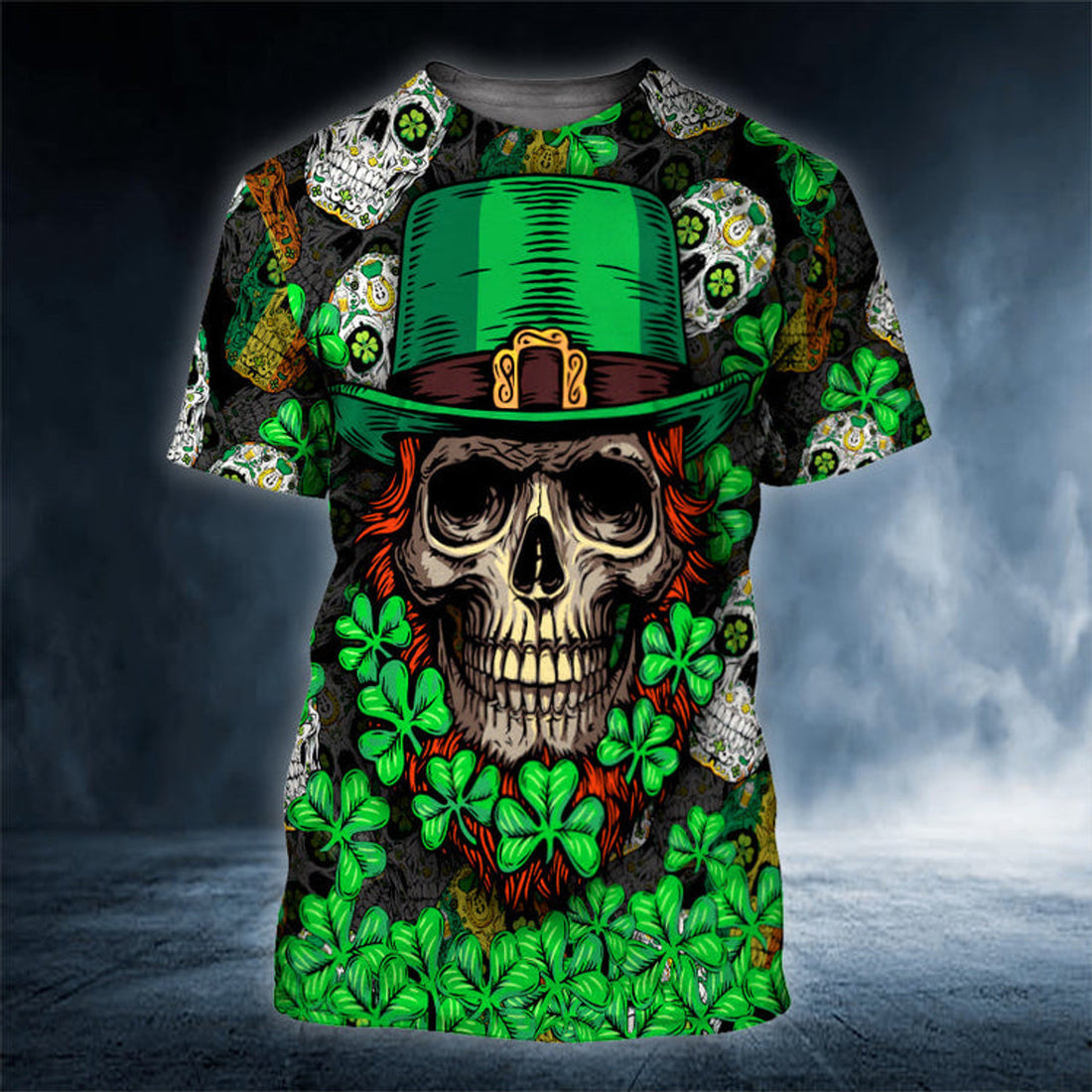 FUNSTUFFPRINT Fluky Saint Patrick's Day Skull 3D Printed Shirt, Skull Shamrock Shirt, Skull Shirt 3D T-shirt