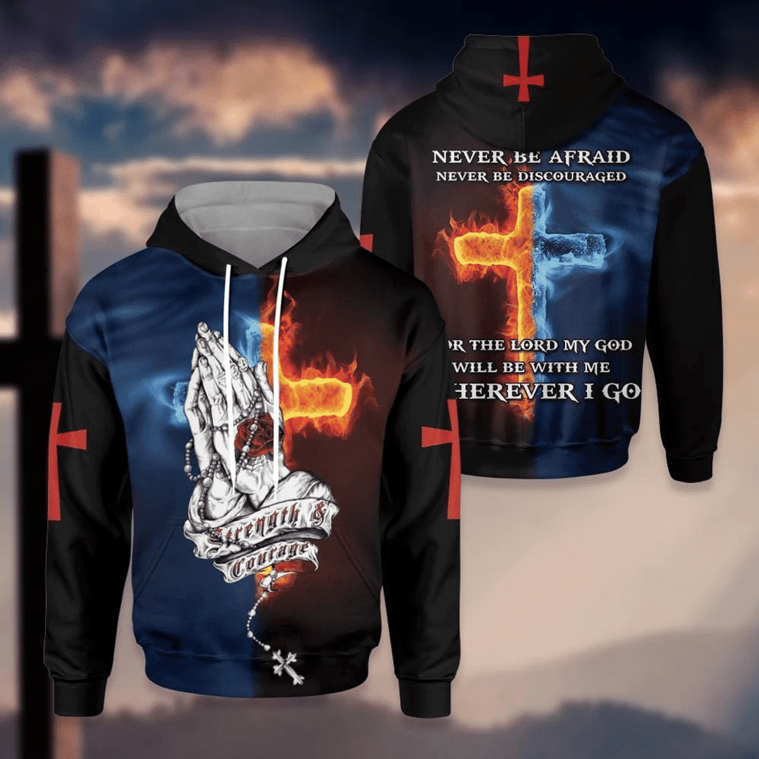 FUNSTUFFPRINT Strength & Courage Cross God 3D Hoodie and Zip Hoodie