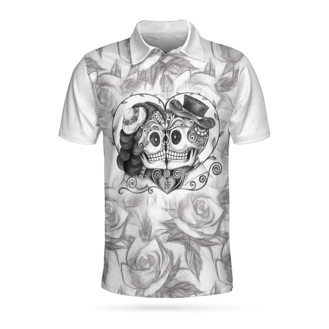 Sugar Skull Drawing Love Polo Shirt, Skull Couple Rose Pattern Pencil Sketching Polo Shirt For Men