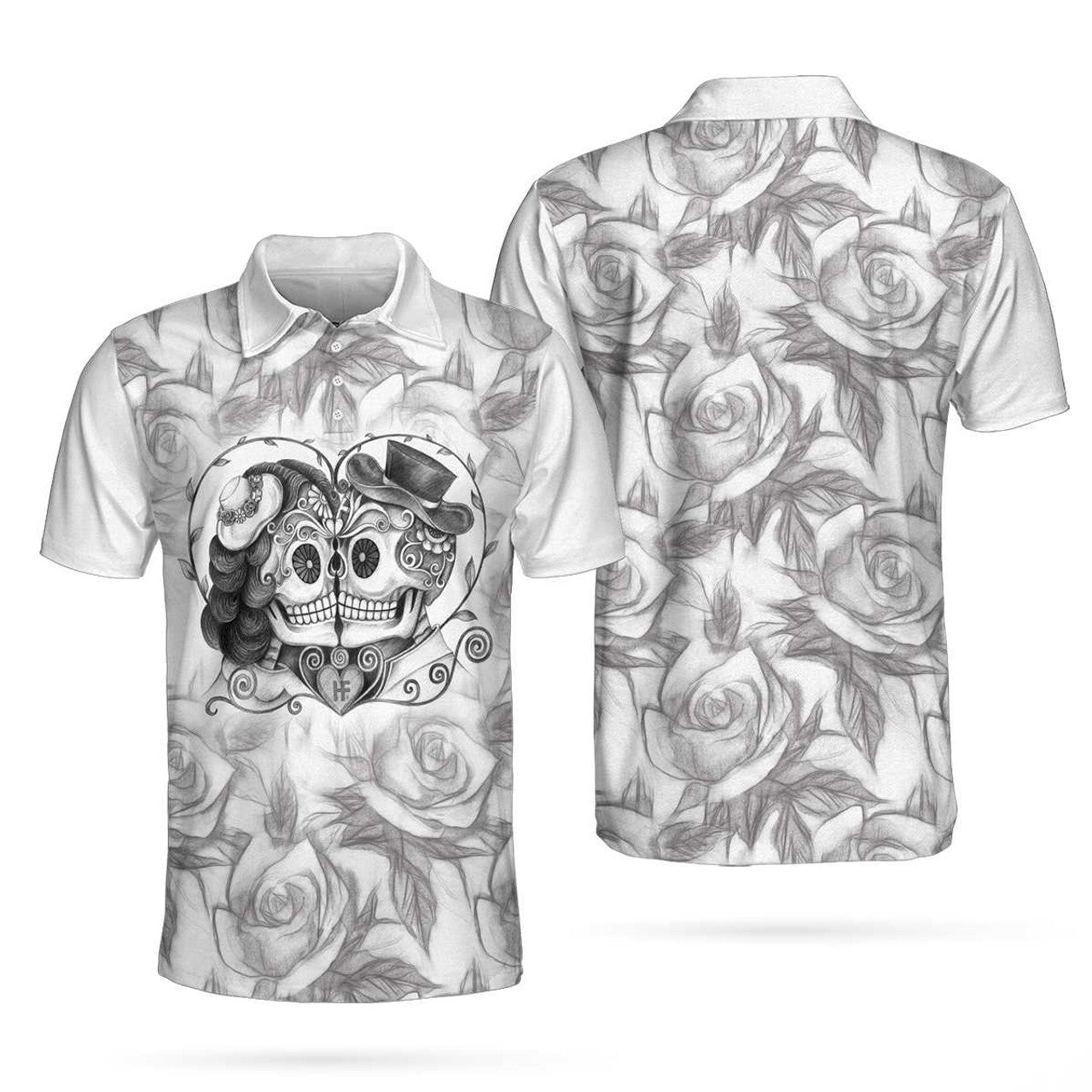 Sugar Skull Drawing Love Polo Shirt, Skull Couple Rose Pattern Pencil Sketching Polo Shirt For Men