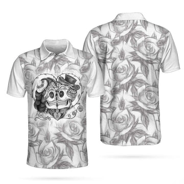 Sugar Skull Drawing Love Polo Shirt, Skull Couple Rose Pattern Pencil Sketching Polo Shirt For Men