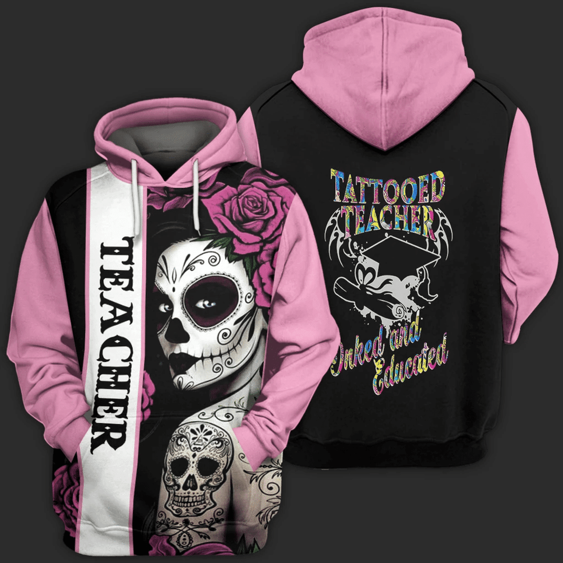 FUNSTUFFPRINT Teacher Shirts Skull Tattooed Teacher Inked And Educated 3D Hoodie and Zip Hoodie