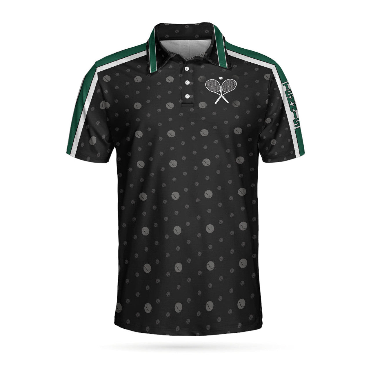 Tennis Grass Version Polo Shirt, Black Dot And Tennis Ball Pattern Polo Shirt, Best Tennis Shirt For Men