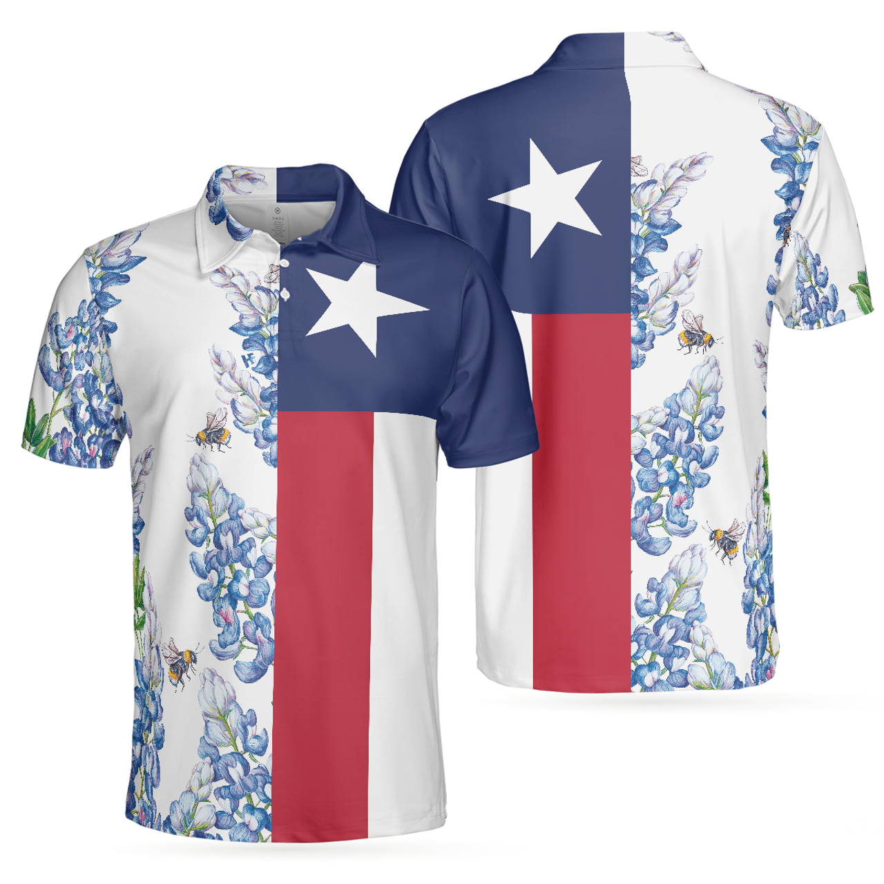 Texas Flag Bluebonnets Polo Shirt For Golf, Floral Texas Flag Polo Shirt, Texas Proud Shirt For Men
