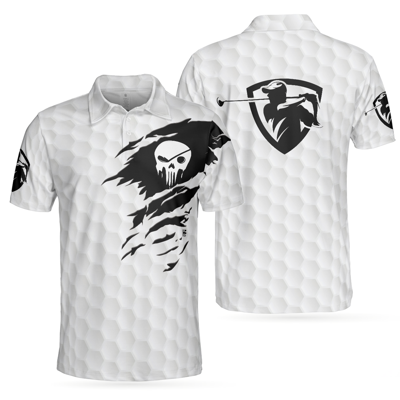 The Golf Skull Short Sleeve Golf Polo Shirt, Black And White Golf Pattern Ripped Skull Polo Shirt, Best Golf Shirt For Men
