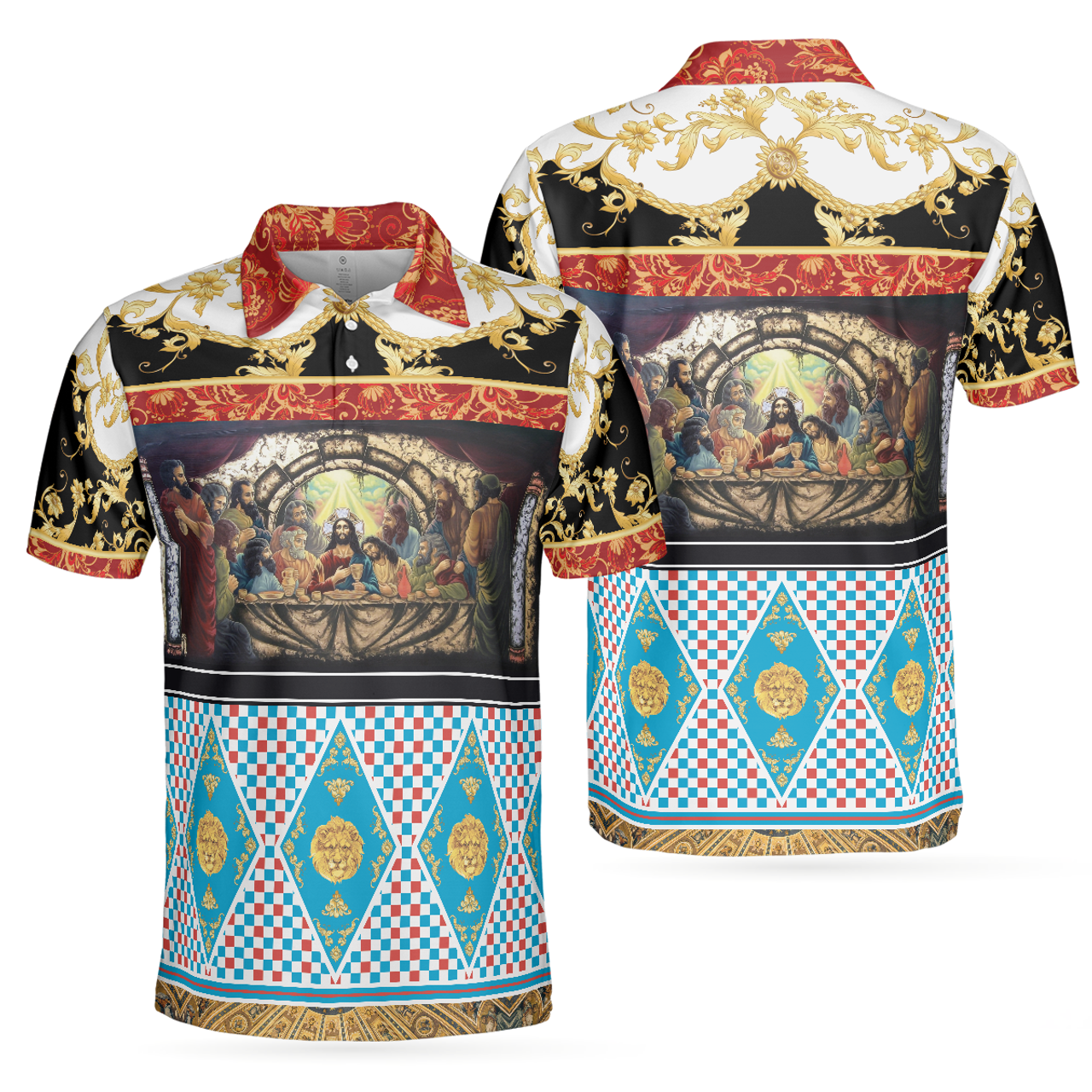 The Last Supper Renaissance Pattern Polo Shirt, Luxury Gold Brocade Pattern Christian Shirt For Men