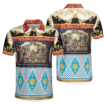 The Last Supper Renaissance Pattern Polo Shirt, Luxury Gold Brocade Pattern Christian Shirt For Men