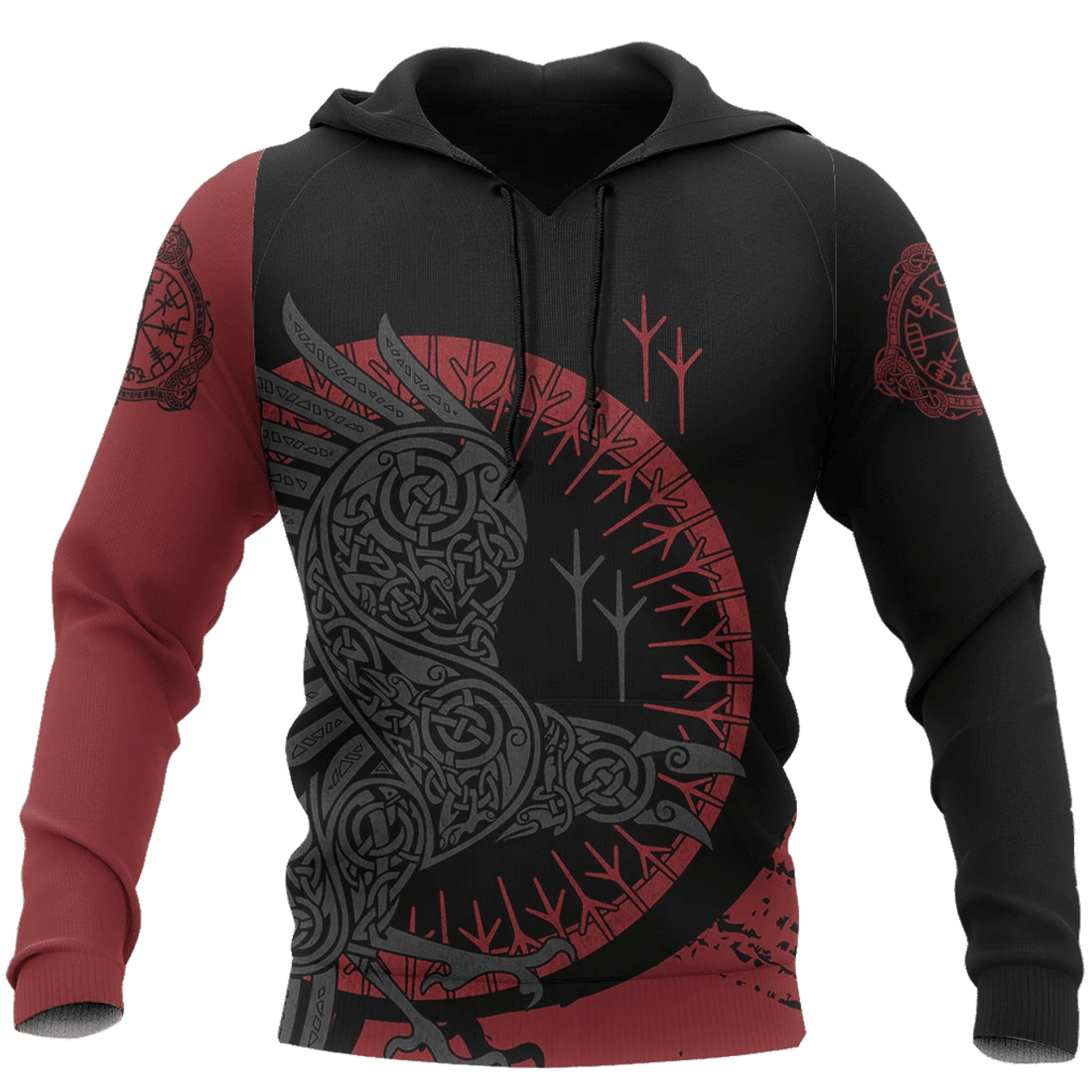 FUNSTUFFPRINT The Raven Of Odin Red Viking 3D Hoodie and Zip Hoodie