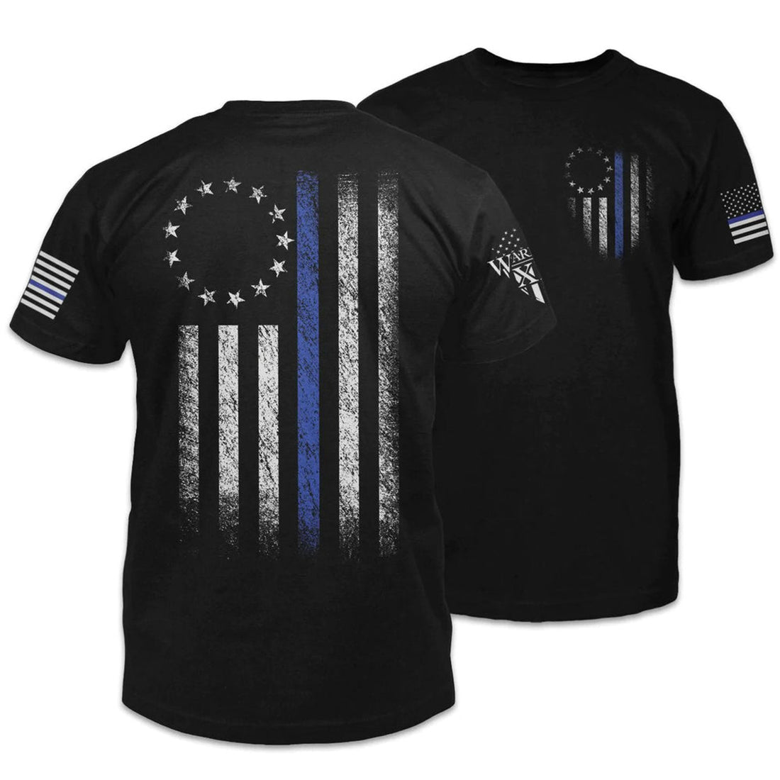 Thin Blue Line Betsy Ross Flag T-Shirt, Black T-Shirt Full Print With Usa Warrior Flag