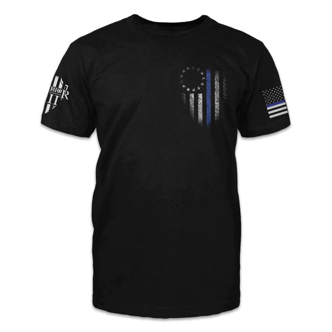 Thin Blue Line Betsy Ross Flag T-Shirt, Black T-Shirt Full Print With Usa Warrior Flag