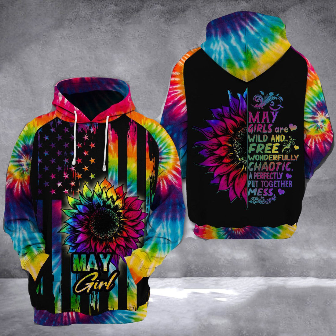 FUNSTUFFPRINT Tie dye sunflower flag May girl CHAOTIC all over 3D Hoodie and Zip Hoodie